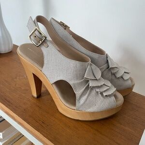 Loeffler Randall platform slingback sandals ruffle details and wooden heel